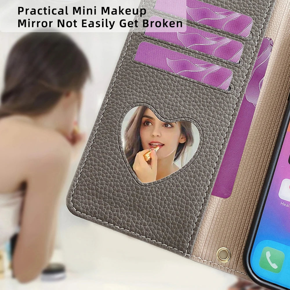 Flip Leather Crossbody Case for Motorola E14 G64 G64Y G85 G54 Moto G Power G Play G 5G 2024 Protect Cover Mini mirror Card Slots