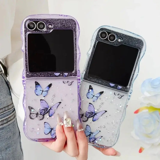 Luxury Cute Arc Wave Butterfly Bling Glitter Laser Sequins Case For Samsung Galaxy Z Flip 6 5 4 3 Soft Silicone Shockproof Cover