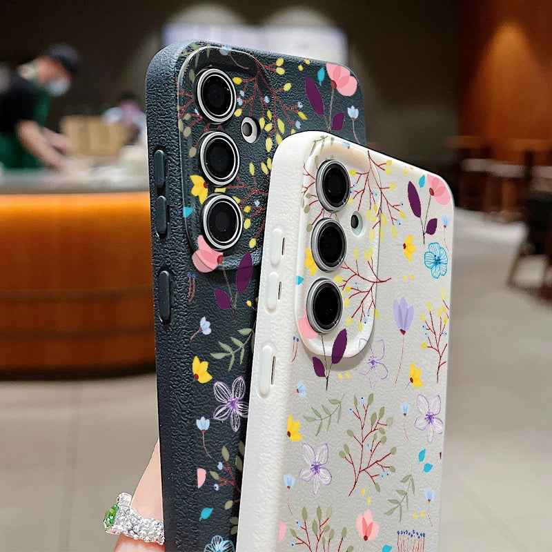 Floral Flowers Leather Texture TPU Case For Samsung Galaxy S24 FE S25 S23 S22 Ultra A16 A55 A15 A54 A35 A25 A56 5G Phone Cover