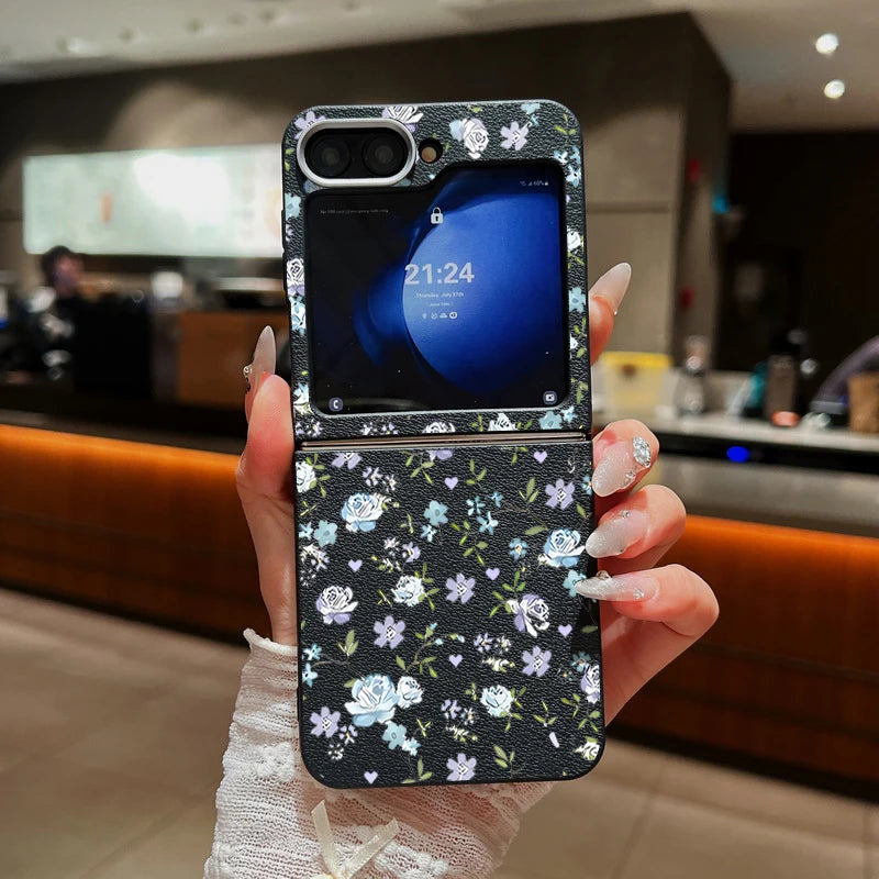 Romantic Garden Flower Case For Samsung Z Flip4 Flip5 Flip6 5G Leather Texture TPU Folding Cover For Samsung Galaxy Z Flip 3 4 5