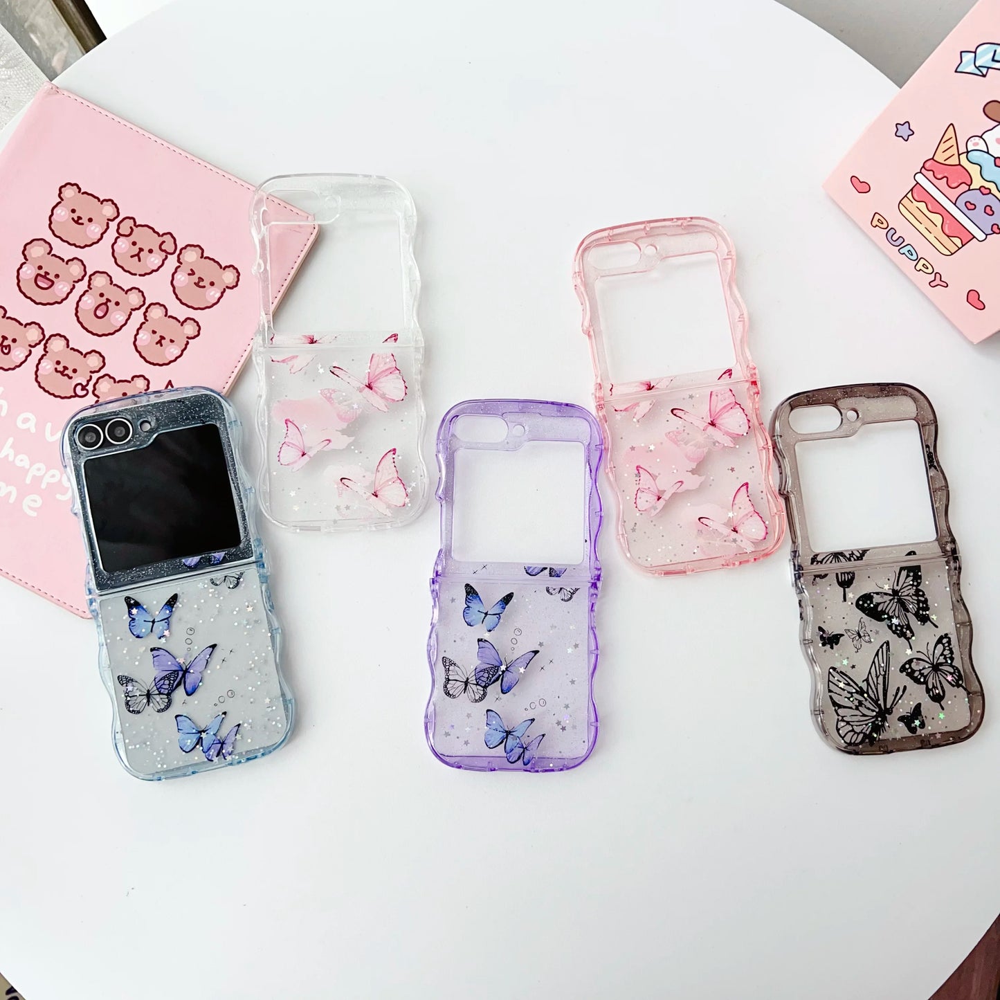 Butterfly Glitter Transparent Wavy Edge Silicone Case For Samsung Galaxy Z Flip 6 5 4 3 Sparkling Sequins Shockproof Phone Cover