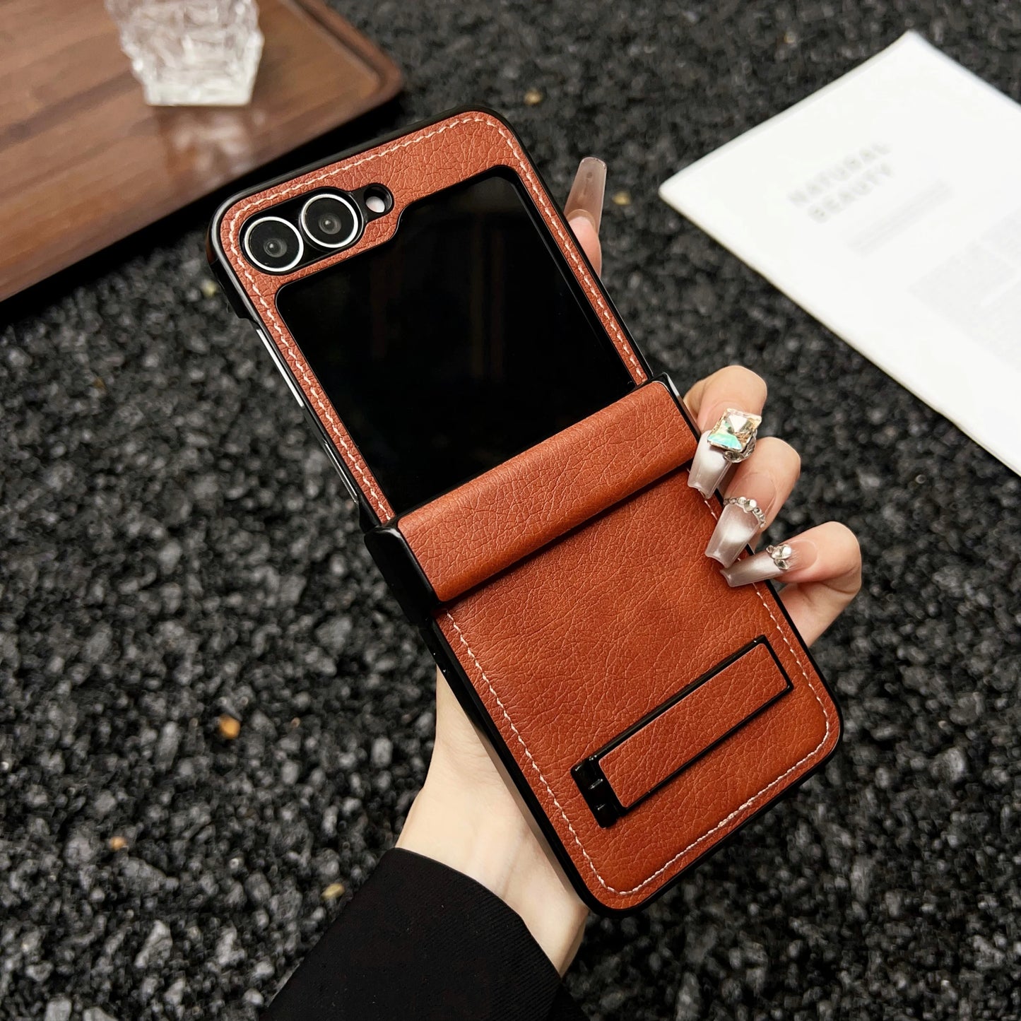 Korean Luxury Litchi Leather Bracket Case For Samsung Galaxy Z Flip 6 5 4 Hinge Central Axis Protection Solid Color Stand Cover