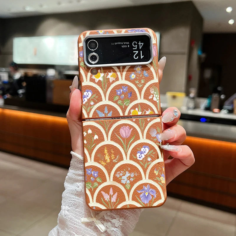 For Samsung Galaxy Z Flip 5 6 3 4 5G Cartoon Flowers Soft Case Leather Texture TPU Folding Phone Cover For Samsung Z Flip5 Flip4