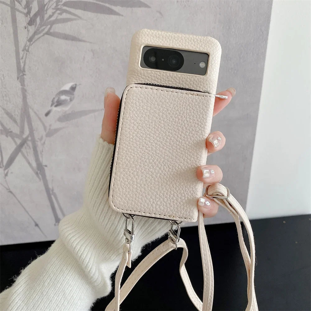 For Google Pixel 9 8 7 6 5 Pro XL 8 A 7A 6A Phone Case  Leather Litchi Wallet Card Bag Shoulder Strap Lanyard Stand Holder Cover