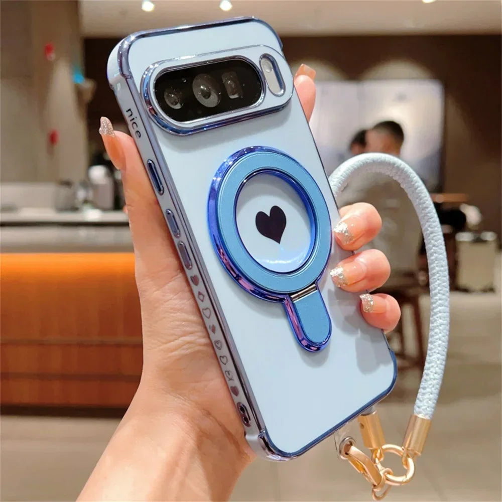 Cute Love Heart Wrist Strap Bracket Case for Google Pixel 8 9 Pro XL 9A 8A 7A Ring Holder Stand Lanyard Plating Soft TPU Cover