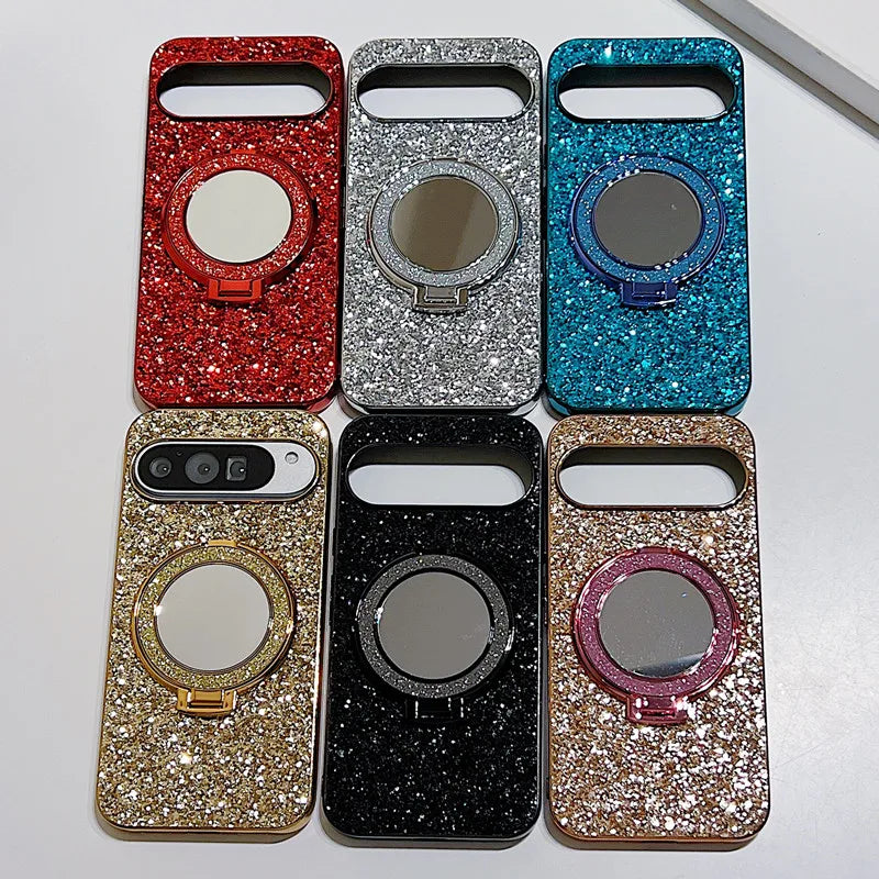 Bling Mirror Magnetic Metal Bracket Case For Google Pixel 9 10 Pro XL 8A 8Pro 7A 6 7 Pro Wireless Charging Glitter Sequins Cover