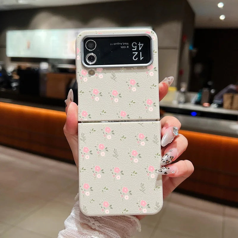 Small Pink Flower Case For Samsung Galaxy Z Flip 6 5 4 3 Leather Texture Silicone Folding Cover For Samsung Z Flip6 Flip5 Flip4