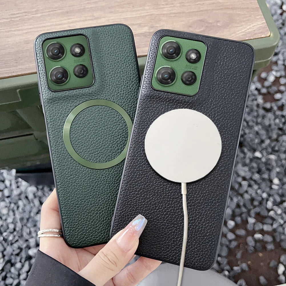 With Magsafe Magnetic Plain Leather Lychee Case For Moto G 2025 G Power 2025 G15 Power G05 G55 G35 G45 E15 Camera protect Cover