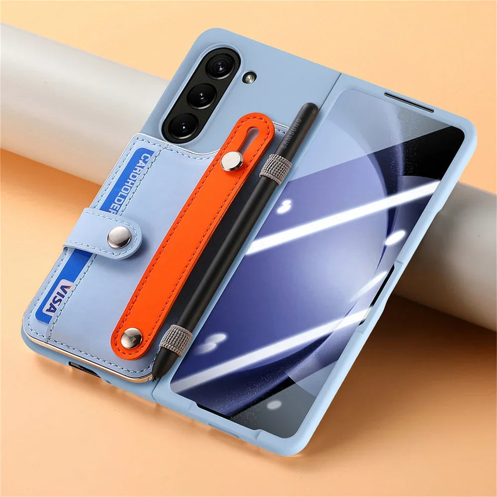 For Samsung Galaxy Z Fold 6 5 Fold6 Fold5 5G Card Slot Wallet Case with Pen Holder & Screen Protector Wrist Strap Cover(NO Pen)