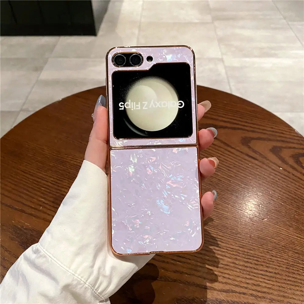 Shell Pattern Gold Plating Glitter Case For Samsung Z Flip 6 Flip 5 Flip 3 4 Cover Back Shell