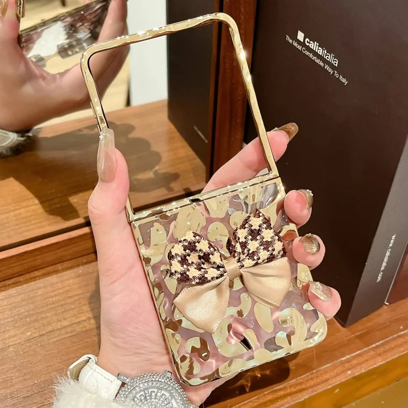 Water Waves Plated Leopard Knot Texture Casing For Samsung Galaxy Z Flip 8 Case Flip7 With Pearls Bracelet Mobile Phone Cover