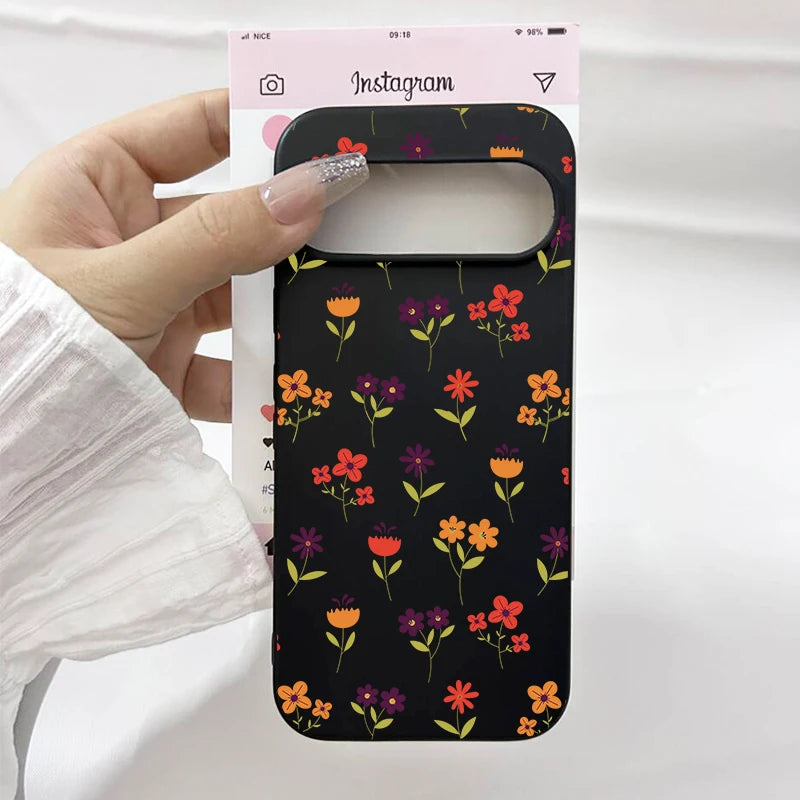 Luxury Flower Leaf Pattern Phone Case For Google Pixel 10 9 Pro XL 8A 8 Pro 7 6A 5G INS Cute Floral Black Soft Silicone Cover