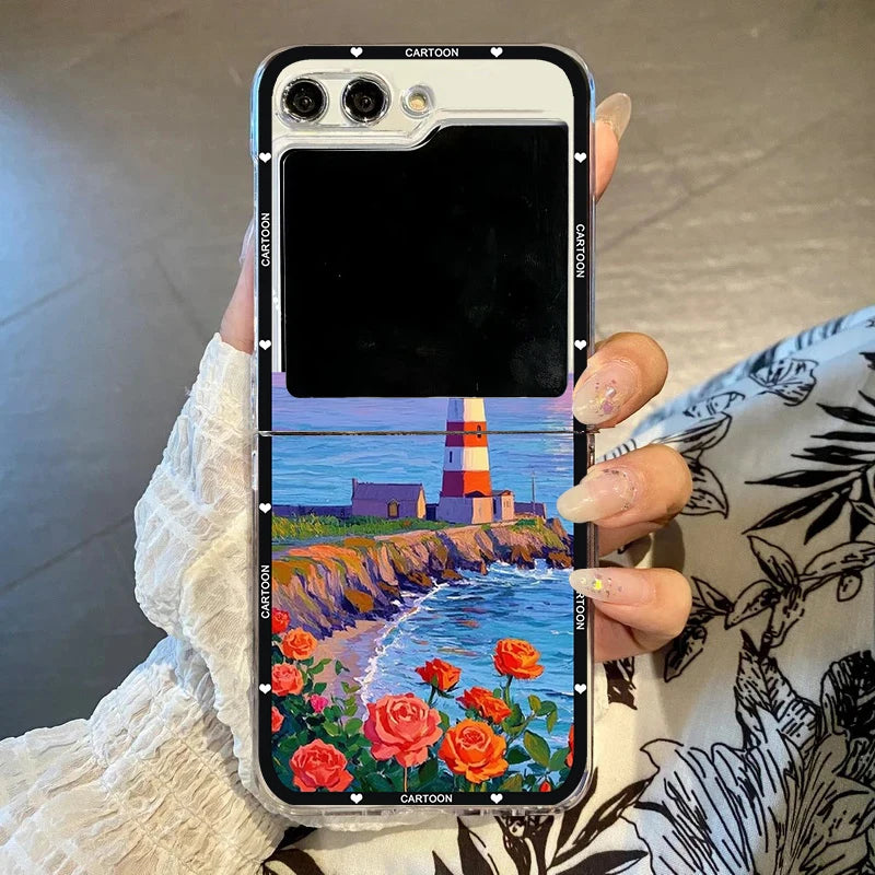 Anime Landscape Mountain Oil Painting Phone Case For Samsung Galaxy Z Flip 6 5 7 3 4 Clear Hard PC Folding Cover For Z Flip 7 5