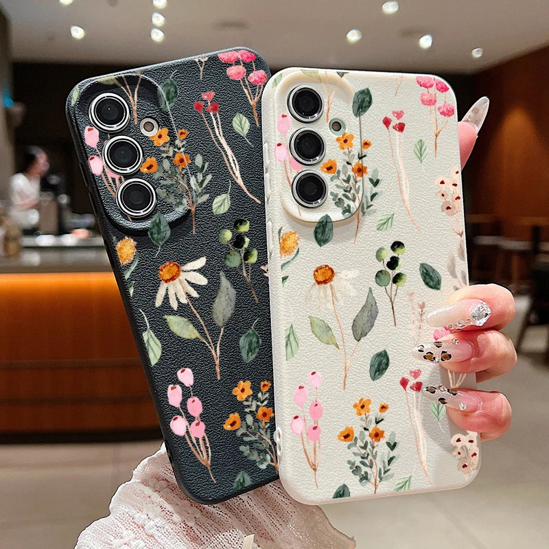 Small Flowers Leather Texture TPU Case For Samsung Galaxy A16 A55 A15 A54 A35 A25 A56 5G S24 FE S25 S23 S22 Ultra Phone Cover