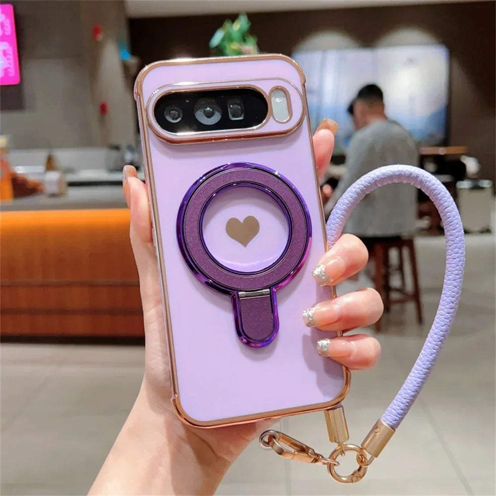 Cute Love Heart Wrist Strap Bracket Case for Google Pixel 8 9 Pro XL 9A 8A 7A Ring Holder Stand Lanyard Plating Soft TPU Cover
