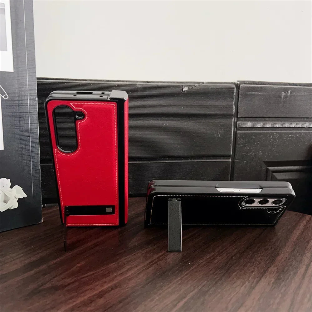 Shockproof Hinge Protective Bracket Phone Case for Samsung Galaxy Z Fold 6 5 4 3 Fold6 Fold5 Fold4 Fold3 5G PU Leather Cover