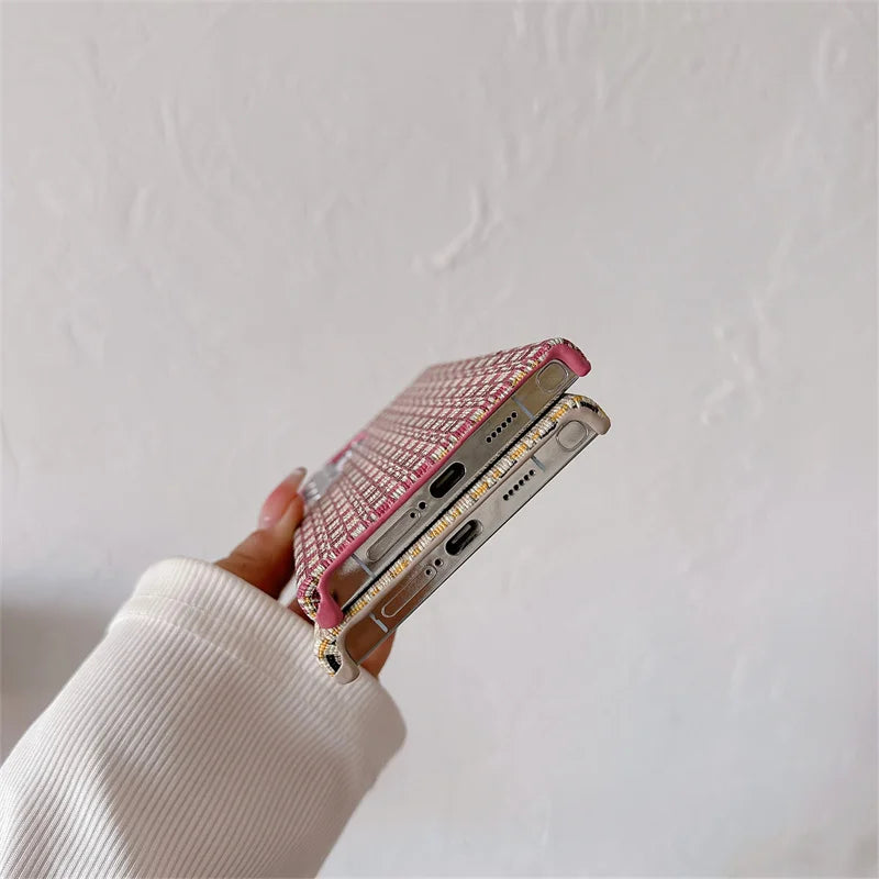 Fashion Grid Woven Cloth Braid Contrasting Color Breathable Phone Case For Samsung Galaxy S24 S23 S22 Ultra TPU Shockproof Cover