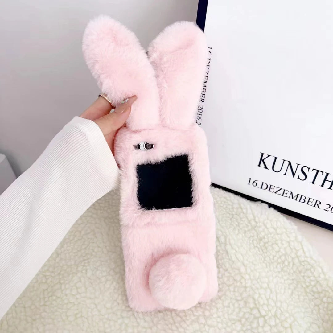 For Motorola Razr 50 Plus 40 Moto Razr40 Ultra 2023 2024 Luxury Cute Soft Fur Puff Rabbit Ear Phone Case Cover