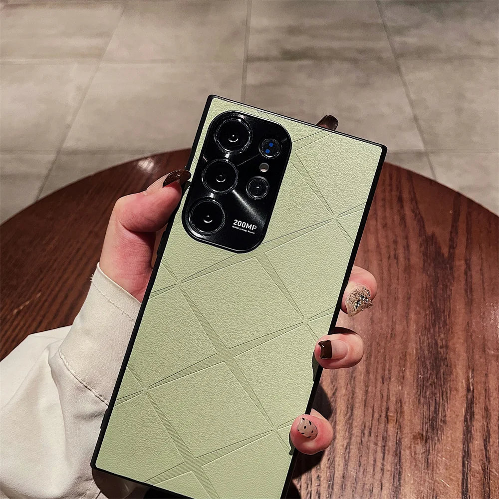 Luxury Plain Leather Diamond Grid Pattern Case For Samsung S25 Plus S24 S23 Ultra S22 Plating Alloy Camera Lens Protection Cover