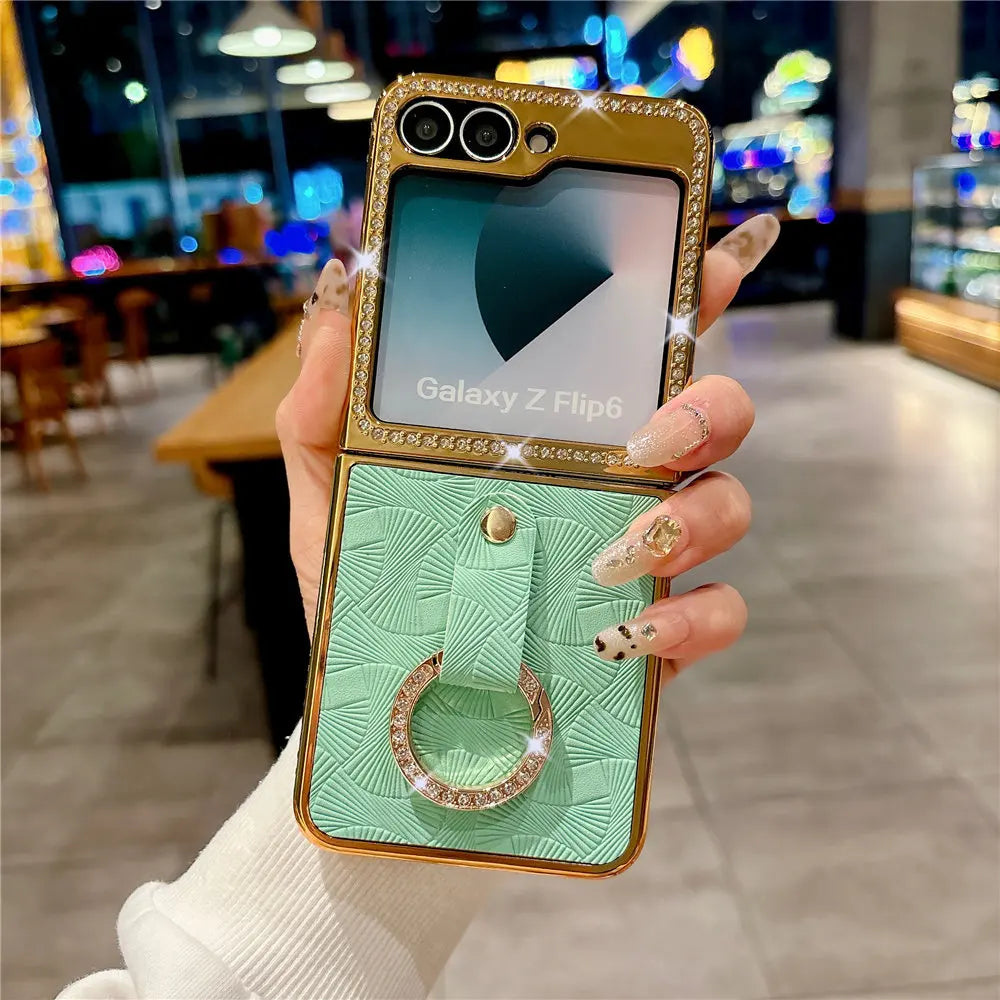 Ring Holder PU Leather Plating Case For Samsung Galaxy Z Flip 6 Flip 5 Flip 4 Zflip 3 Bling Diamond Shockproof Cover