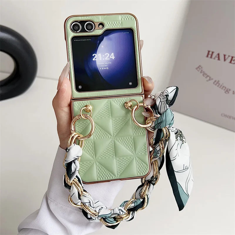 Hand Lanyard Lattice Pattern Phone Cover For Samsung Z Flip5 ZFlip 3 4 Wrist Chain Rope Electroplated Case For Galaxy Flip 6 5