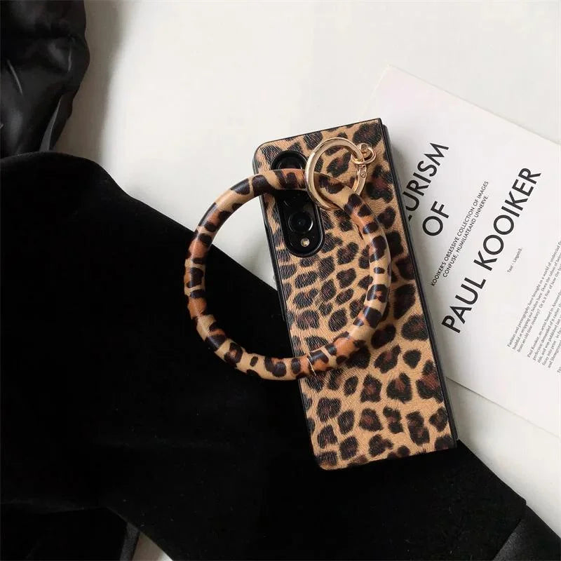 For Samsung Galaxy Z Fold 6 5 4 3 2 5G Fold5 Portable Bangle Big Hand Ring Cover Leopard PU Leather Hard Case Cover