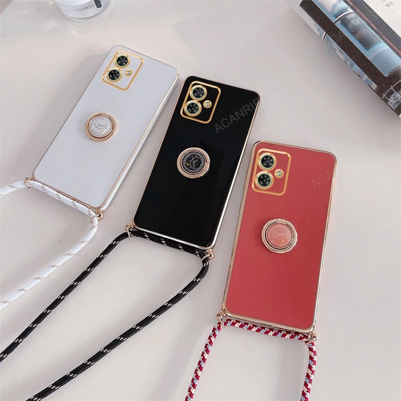 G 84 54 Luxury Plating Crossbody Lanyard Case For Motorola Moto G54 G84 5G Ring Holder Back Cover