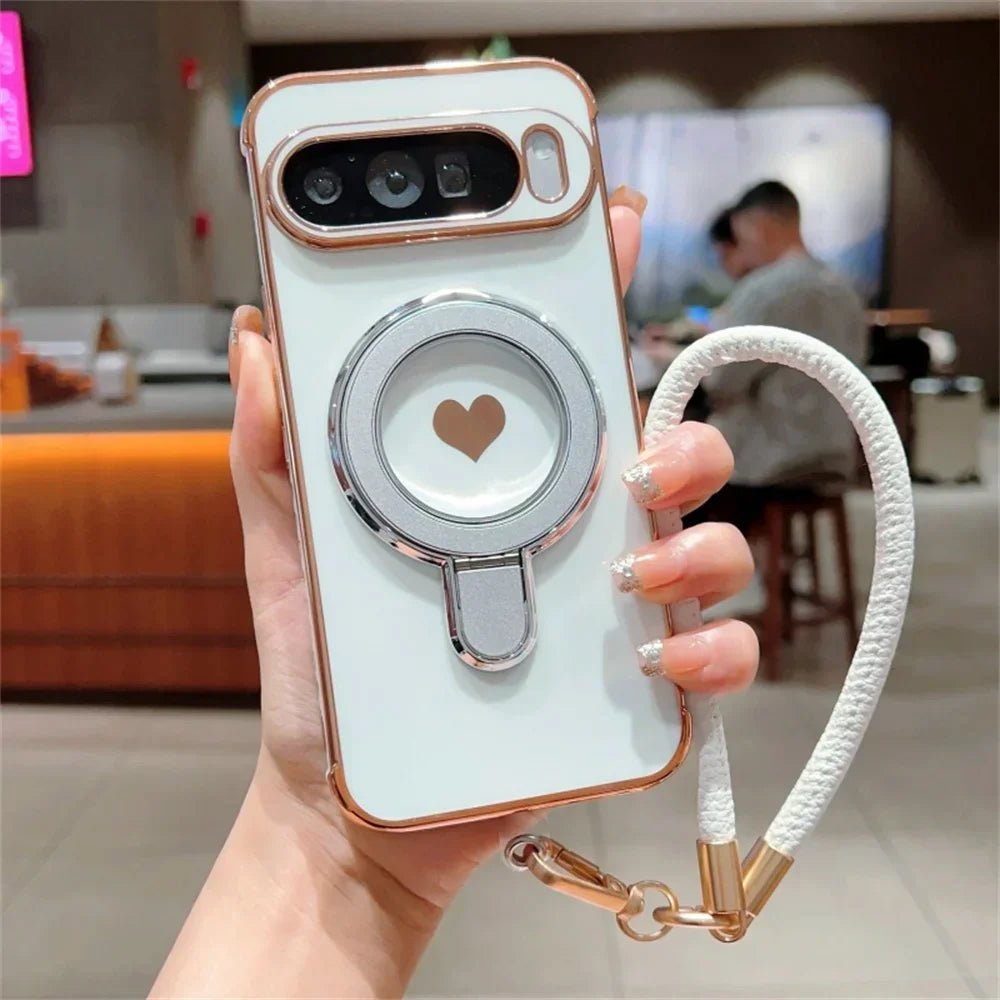 Cute Love Heart Wrist Strap Bracket Case for Google Pixel 8 9 Pro XL 9A 8A 7A Ring Holder Stand Lanyard Plating Soft TPU Cover