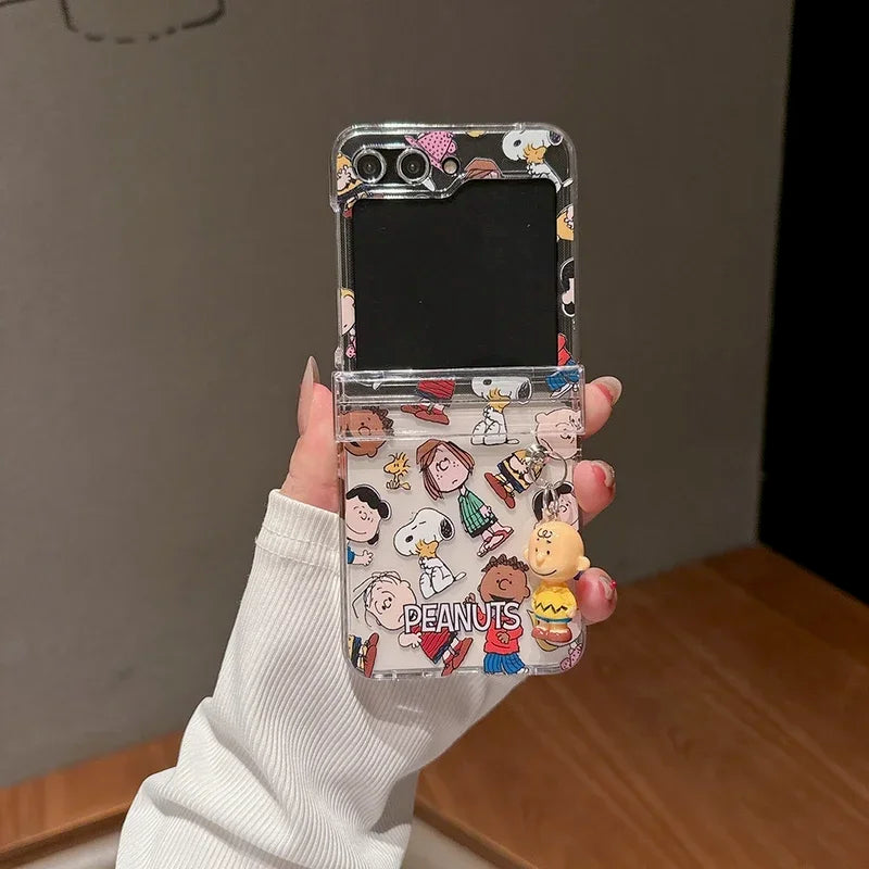 Cute Cartoon Snoopy Charlie Brown Peanuts Transparent Phone Case For Samsung Galaxy Z Flip 6 5 Hard PC Back Cover For Z Flip 3 4