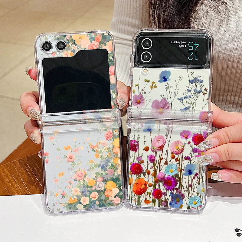 Hinged Simple Style Small Flower Case For Samsung Galaxy Z Flip 6 5 4 3 Clear Hard Folding Cover For Samsung Z Flip6 Flip5 Flip4