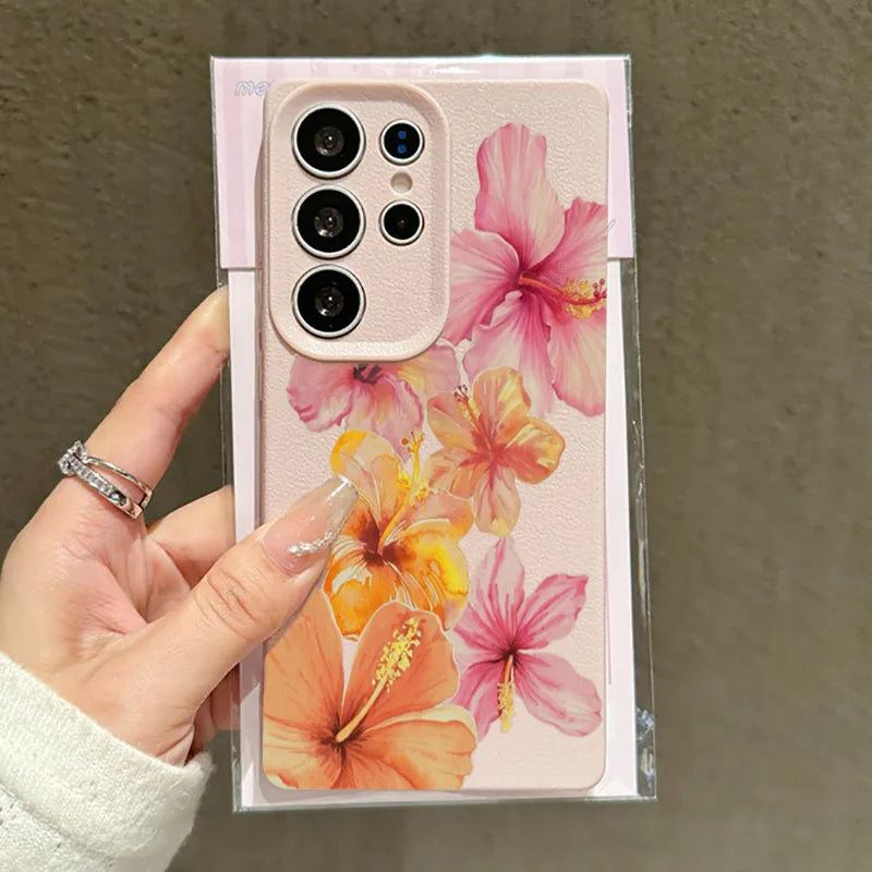 For Samsung Galaxy S25 S24 S23 S22 S21 FE Plus Ultra Watercolor Hibiscus Flower Phone Case for A55 A35 A15 A16 A56 A53 A54 Cover