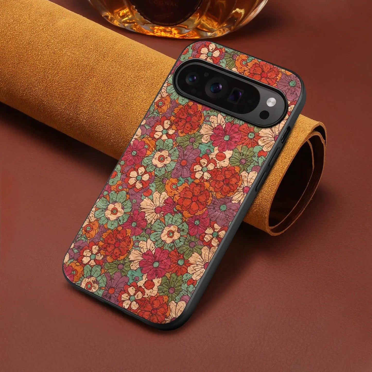 Luxury Phone Case for Google Pixel 10 Pro Xl 9 Pro 9A 8 8A 7 7A 6 6A Flower Design Cork Fabric Synthetic PU Leather Soft Cover