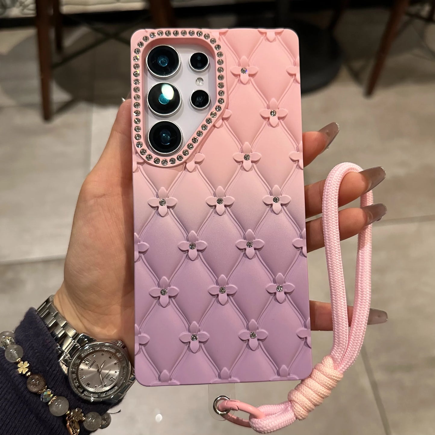 Luxury Glitter Diamond 6D Flowers S25 Edge Gradient Case For Samsung Galxy S25 S24 S23 Ultra Plus FE A26 A16 Wrist Strap Cover