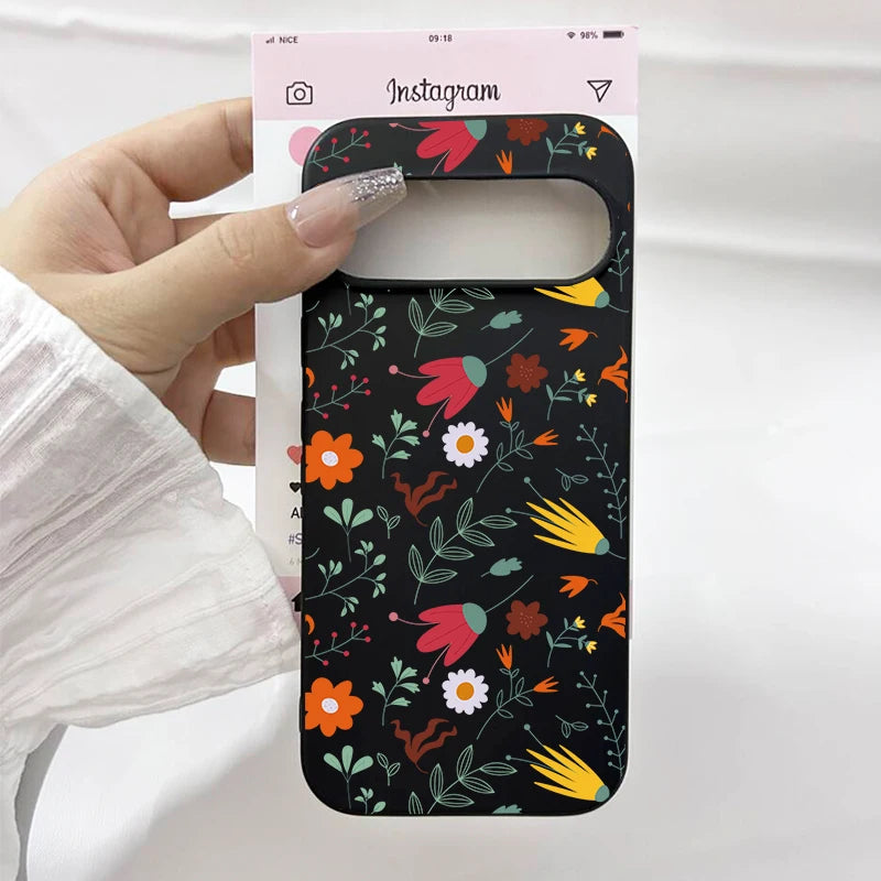 Luxury Flower Leaf Pattern Phone Case For Google Pixel 10 9 Pro XL 8A 8 Pro 7 6A 5G INS Cute Floral Black Soft Silicone Cover