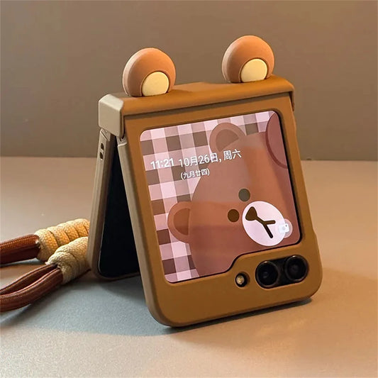 Ins Korean Cute Cartoon Bear Ears Phone Case For Samsung Galaxy Z Flip 6/5/4/3 For Motorola Razr 40 50 Ultra Japan Anime Cover