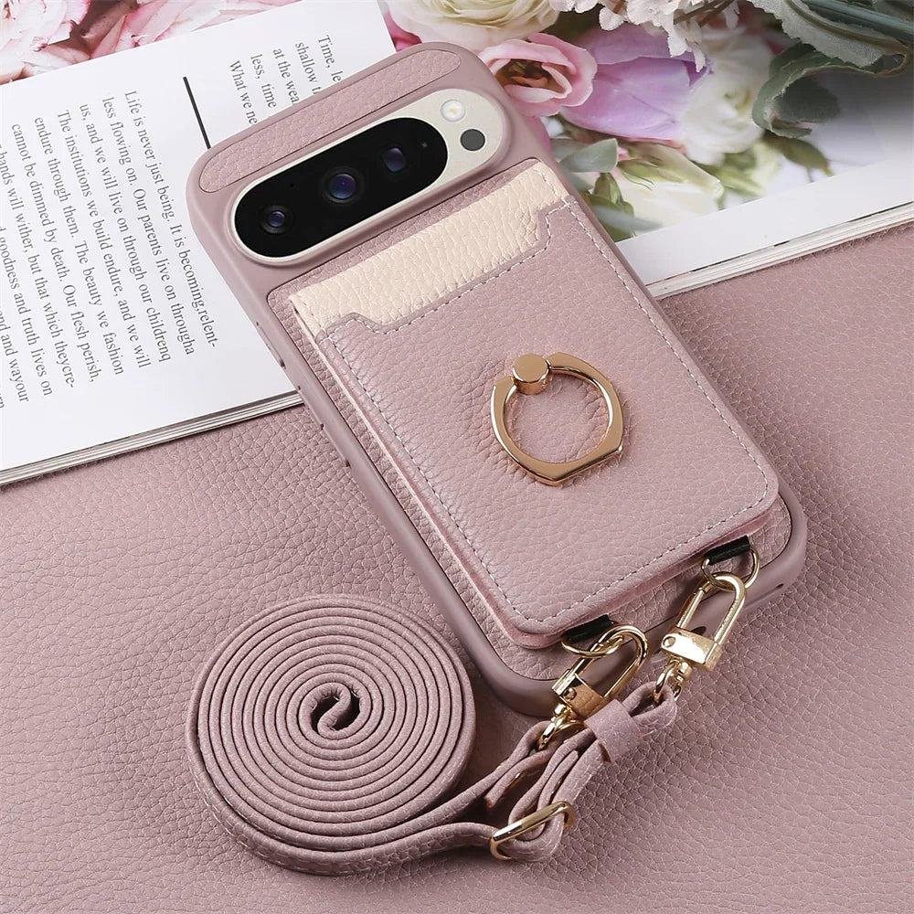 Crossbody Strap Lanyard Wallet Case with Card Slots Ring Holder Kickstand For Google Pixel 9a 8 9 Pro XL 8a 7a PU Leather Cover