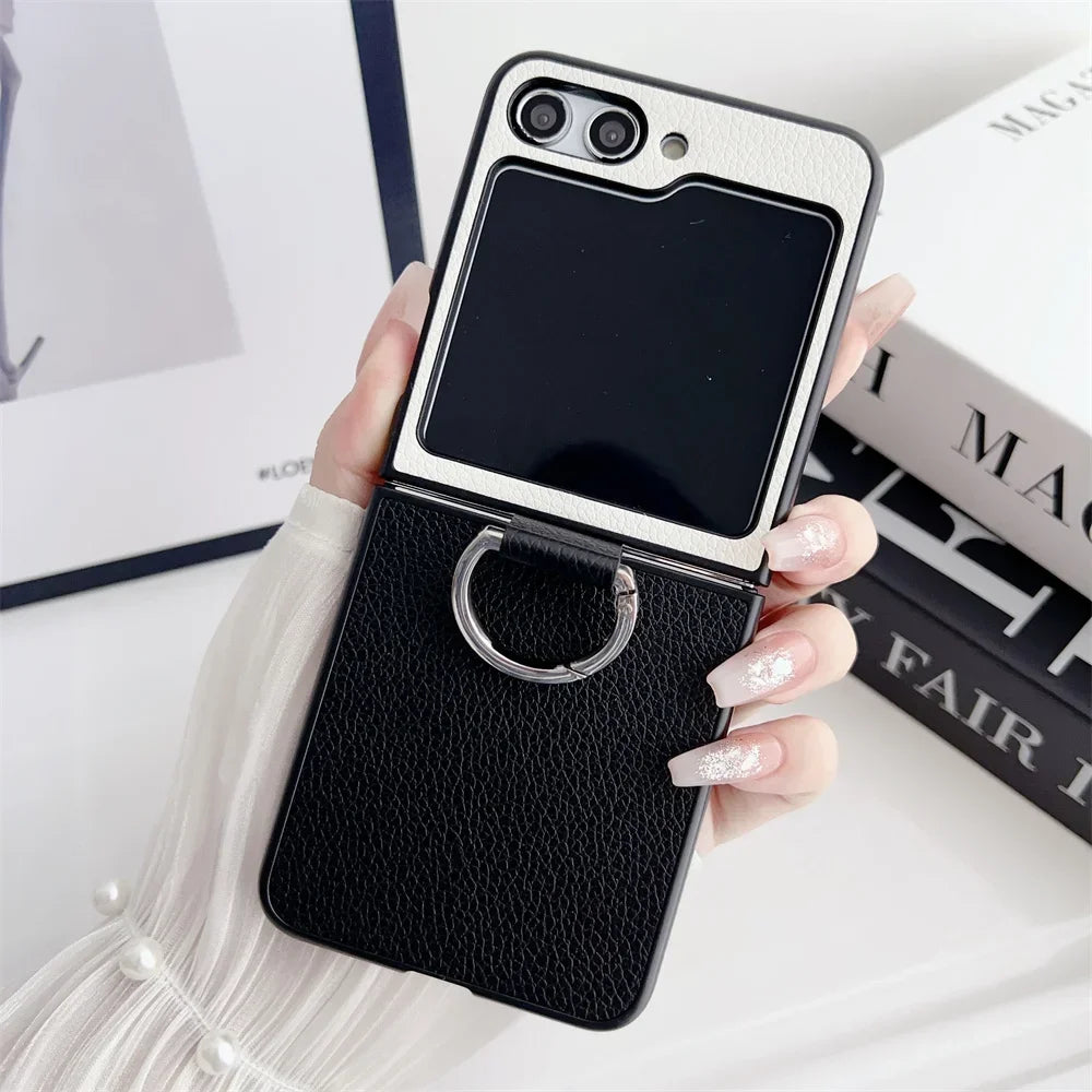flip 6 Case Double Color Ring Holder Luxury Phone Case for Samsung Galaxy Z Flip 6 5 4 3 2 1 flip6 Flip5 PU Leather Cover