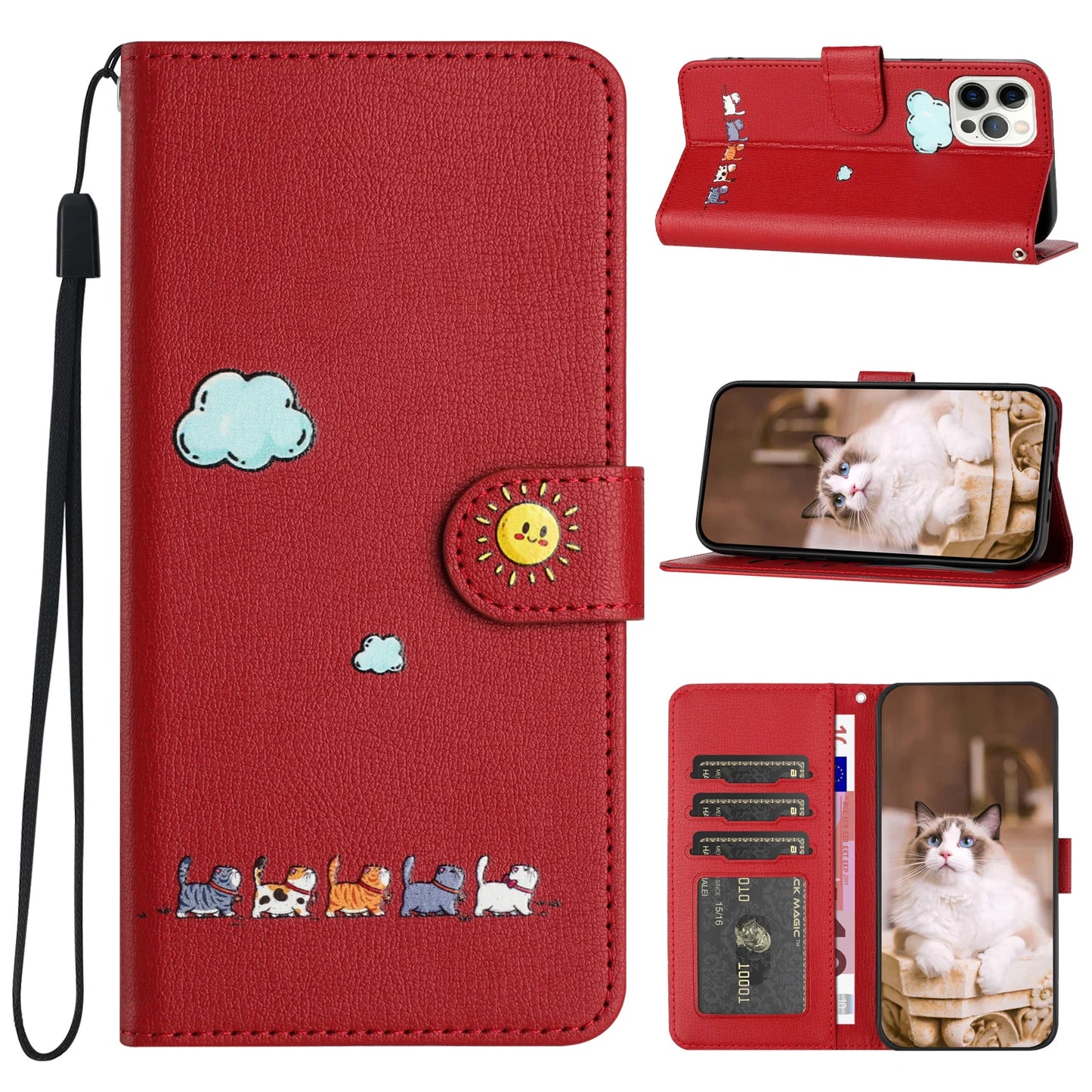 Leather Cat Phone Wallet Case Book Kickstand For Google Pixel 9 8 7 Pro 8A 7A 9A,Sony Xperia 1 10 V 5G Card Slot Cute Flip Cover