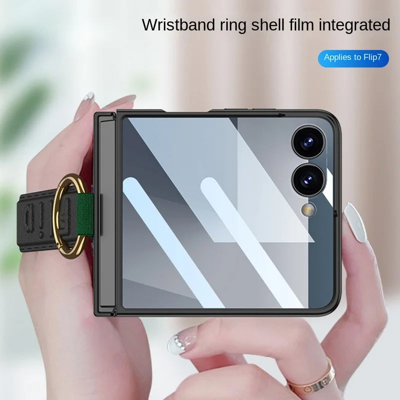 Wrist Strap with Metal Ring Glass Protector All-inclusive Phone Case for Samsung Galaxy Z Flip 7 flip7 Camera Protect Cover