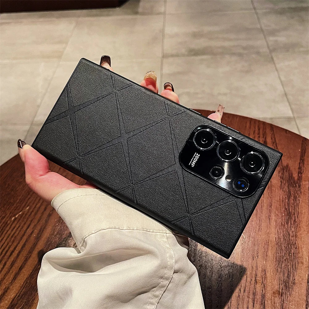 Luxury Plain Leather Diamond Grid Pattern Case For Samsung S25 Plus S24 S23 Ultra S22 Plating Alloy Camera Lens Protection Cover