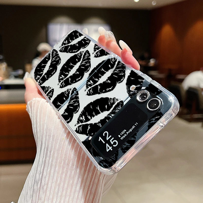 Luxury Kiss Lips Phone Case For Samsung Galaxy Z Flip 6 5 4 3 Metal Buckle Clear TPU Folding Cover For Samsung Z Flip6 Flip5