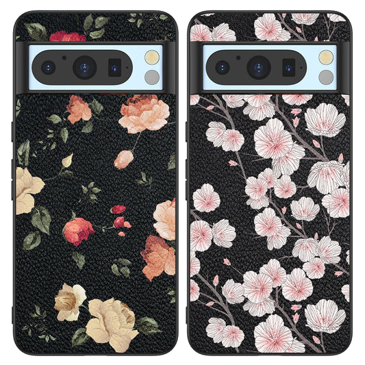 Back Cover Leather Case for Google Pixel 4 XL 4A 5 5A 5G 6 Pro 6A 7 Pro 7A 8 Pro 8A High Quality with Black Flower Pattern Print