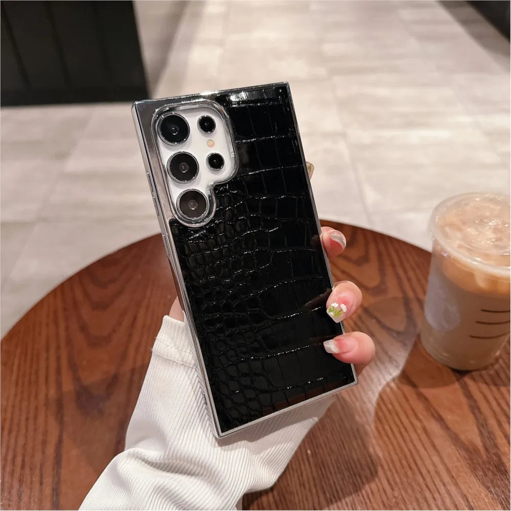 Luxury Gradient Crocodile Pattern Leather Laser Case For Samsung Galaxy S25 S24 S23 Ultra Plus Aurora Color Plating Hard Cover