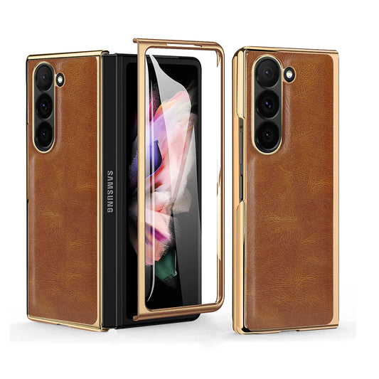 VIETAO Crazy Horse Plain PU Leather Mobile Phone Case With Temper Glass For Samsung Galaxy Z Fold 6 Fold 5 Fold 4 Fold 3 Fold 2