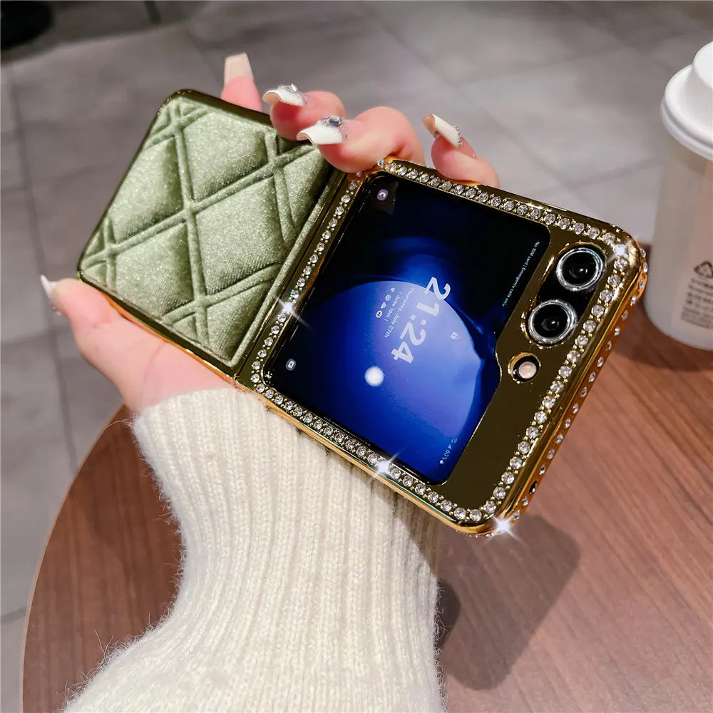Luxury Bling Diamond Leather Plating Case For Samsung Galaxy Z Flip 6 Flip 5 Flip 3 4 Shockproof Cover Funda