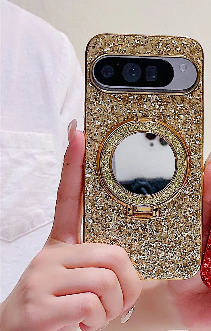 Bling Mirror Magnetic Metal Bracket Case For Google Pixel 9 10 Pro XL 8A 8Pro 7A 6 7 Pro Wireless Charging Glitter Sequins Cover