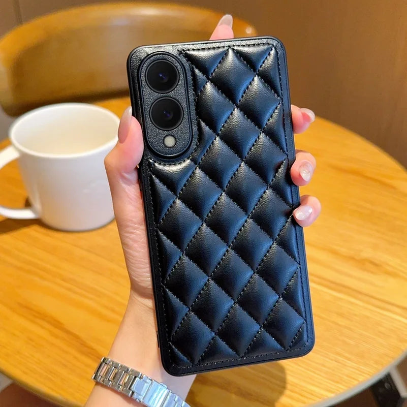 Three-dimensional Puff Check Small Fragrance Style Leather Case For Samsung S25 Edge S25 Ultra Galaxy S24 + s23 Plus S22 Cover