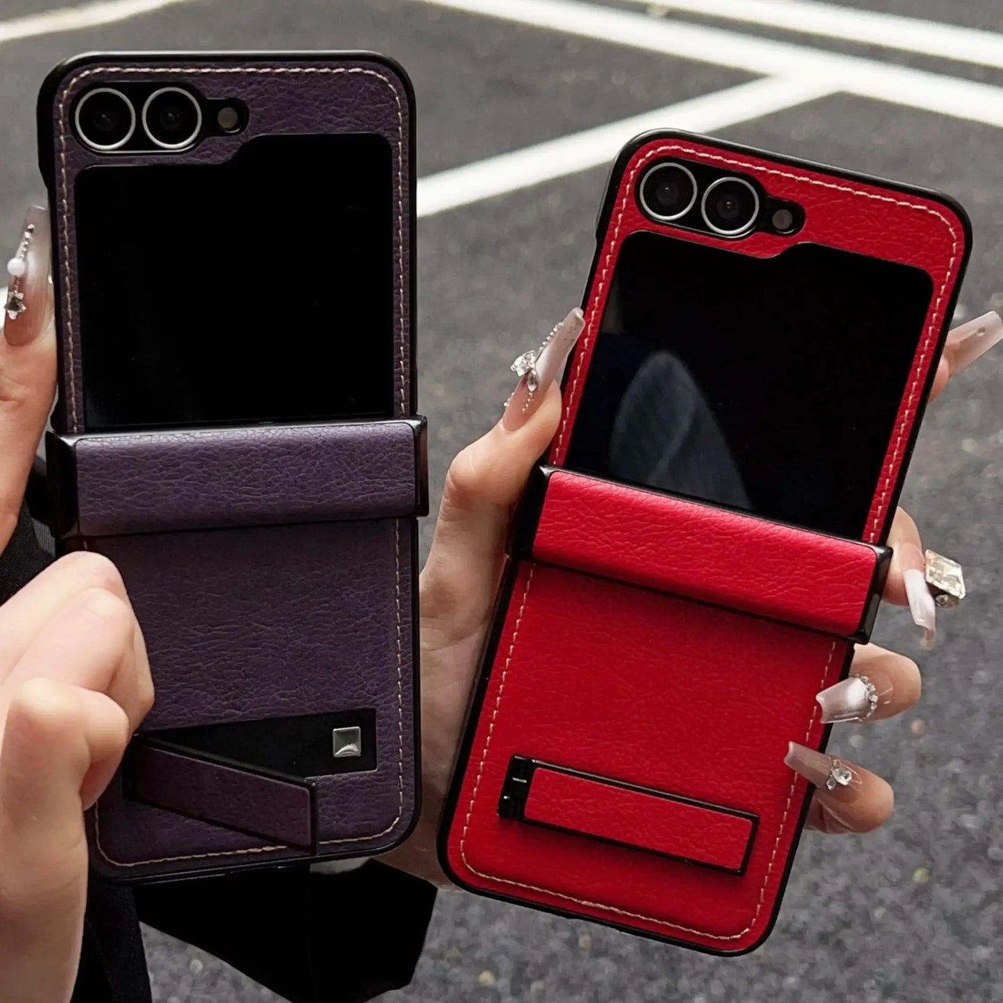 Korean Luxury Litchi Leather Bracket Case For Samsung Galaxy Z Flip 6 5 4 Hinge Central Axis Protection Solid Color Stand Cover