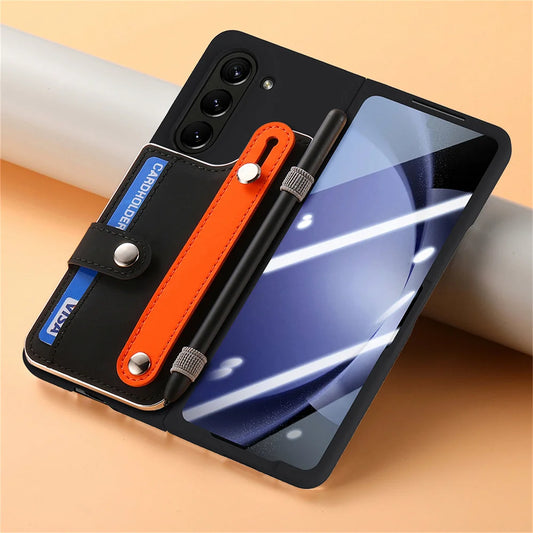 For Samsung Galaxy Z Fold 6 5 Fold6 Fold5 5G Card Slot Wallet Case with Pen Holder & Screen Protector Wrist Strap Cover(NO Pen)