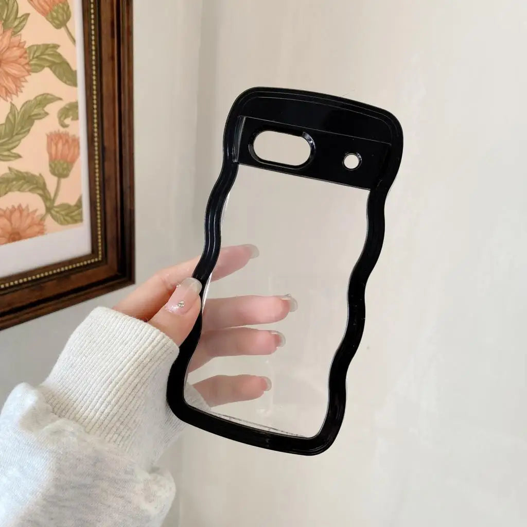 2IN1 Creative Curly Wavy Transparent Case For Google Pixel 9 Pro 9A 8 8A 7A Candy Color Shockproof Clear Hard Acrylic Back Cover